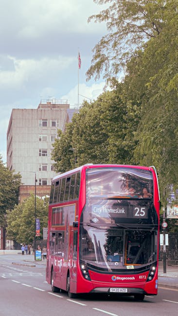 A double-decker bus painted in red and black livery is traveling along a city street. The bus displays the route number 25 and the destination City Thameslink on the front. The surrounding environment includes a large, multi-story building with a light-colored exterior and multiple windows, situated behind green trees with dense foliage. Pedestrians can be seen walking along the sidewalk and near the bus stop. The sky above is partly cloudy with patches of blue, and the scene is illuminated by daylight. The image captures an urban setting connected to house removals and home relocation services, with the bus serving as a visible mode of transport for moving logistics, while the trees and buildings indicate a typical city environment where professional removals and furniture transport services, like those offered by Man with Van Stepney, operate.